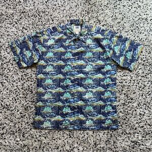 Avi by Kahala Hawaiian Shirt Swordfish Print Blue Short Sleeve Button Up Medium
